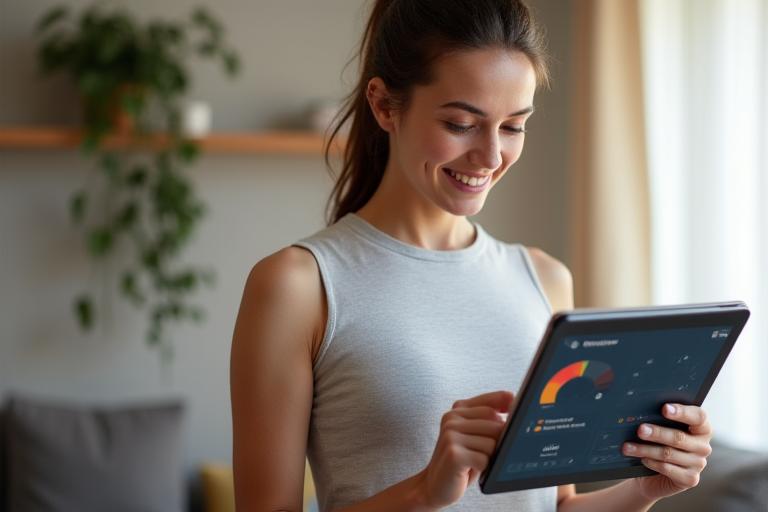 Femme utilisant une tablette pour un suivi digital de son entraînement flexible.